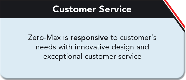 Customer Service. Zero-Max is responsive to customer's needs with innovation design and exceptional customer service