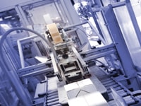 Packaging machinery bring product down belt
